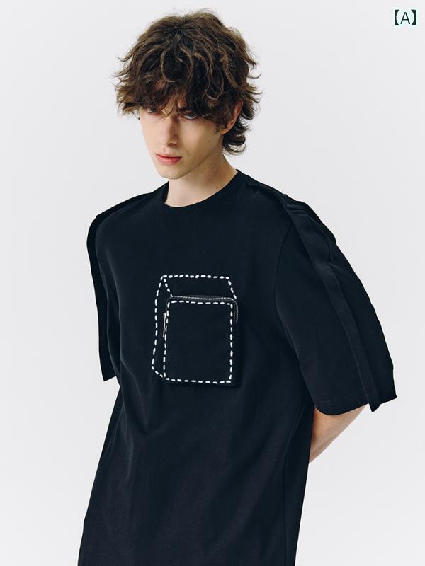 メンズ トップス Tシャツ 春夏 おしゃれ 黒 ゆったり 立体 ポケット ジッパー 刺繍 半袖 ハーフスリー｜おうち健康生活