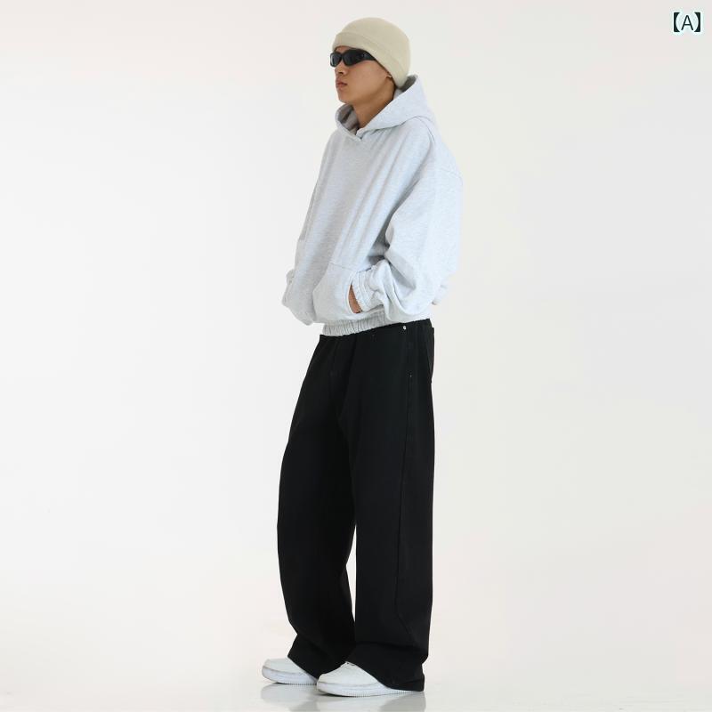 メンズ アメリカン アメカジ ストリート ブラック ジーンズ ー レトロ ダメージ ストレート パンツ 高い カジュアル ワイドレッグ パンツ