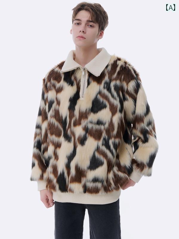 メンズ トップスス アウター インナー おしゃれ ファー トレーナー コート ロング ヘア 斑点 迷彩 人工 アニマル プリントプルオーバー|おうち健康生活