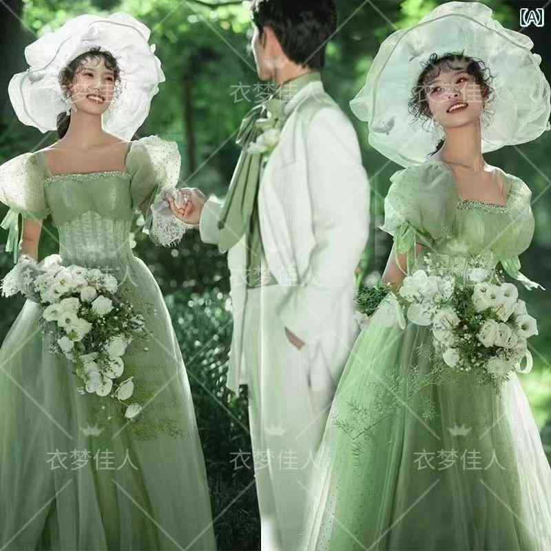 ドレス レディース 撮影 フォト 思い出 記念 ウェデング 結婚式 コスプレ アート スタジオ 服 カップル 屋外 グリーン パフスリーブ ロングテール ウェデング