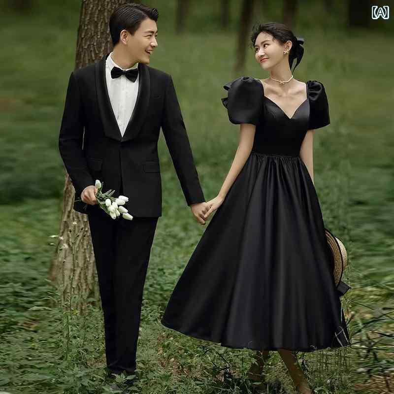ドレス レディース 撮影 フォト 思い出 記念 ウェデング 結婚式 コスプレ アート スタジオ フレンチ レトロ ブラック カップル サテン ウェデング 外出着｜おうち健康生活