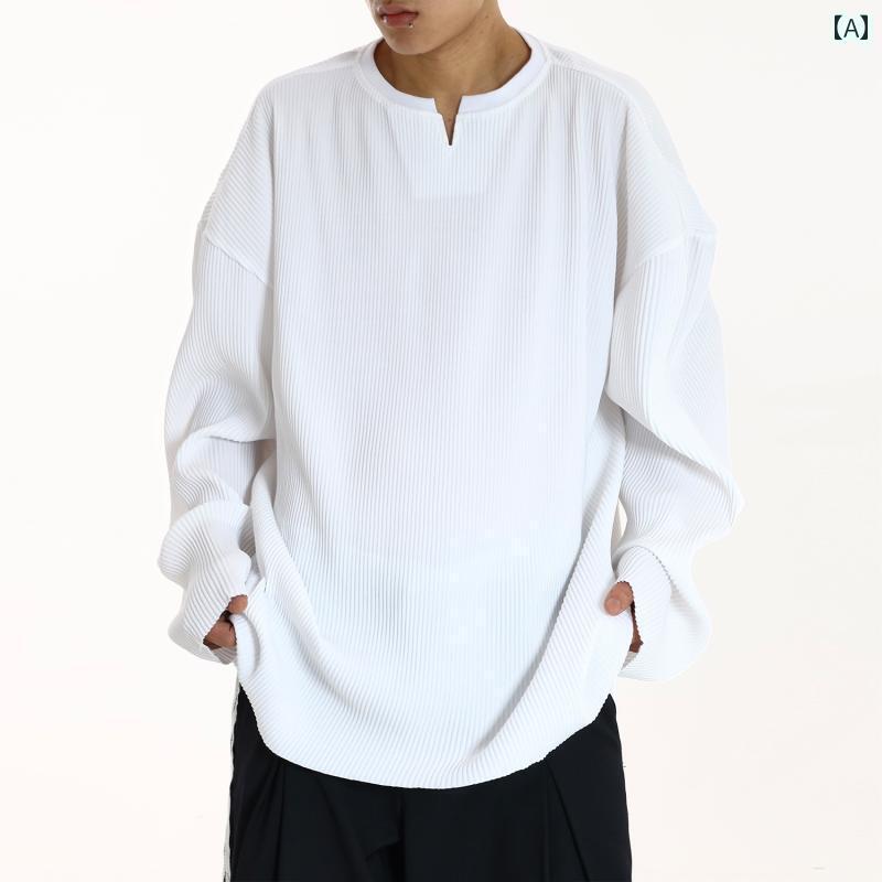 メンズ Tシャツ 長袖 トップスス ひんやり 涼しい 快適 プリーツ ラウンドネック 春 薄手 涼しい Vネック ボトム シャツ