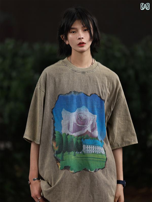 メンズ トップスス Tシャツ おしゃれ 夏 アメリカン レトロ 花 レトロ ウォッシュ カラー プリント 半袖 カジュアル