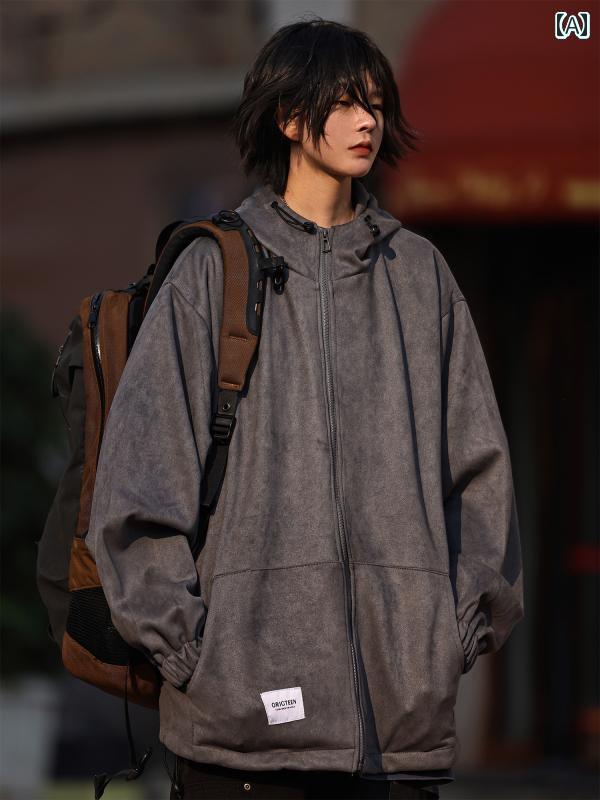 Nobodyknow 春秋 ソリッドカラー レトロ スエード ジャケット メンズ レディース カーディガン カップル フード ジャケット|おうち健康生活
