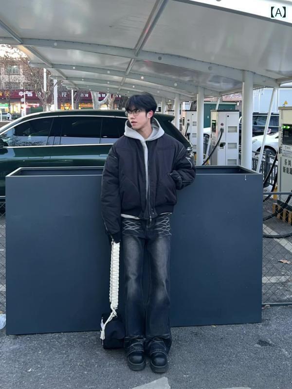 メンズ ズボン ボトムス パンツ おしゃれ 履きやい 秋冬 アメリカ ストリート 黒 グレー ジーンズ ストレート レッグ ブーツ カット