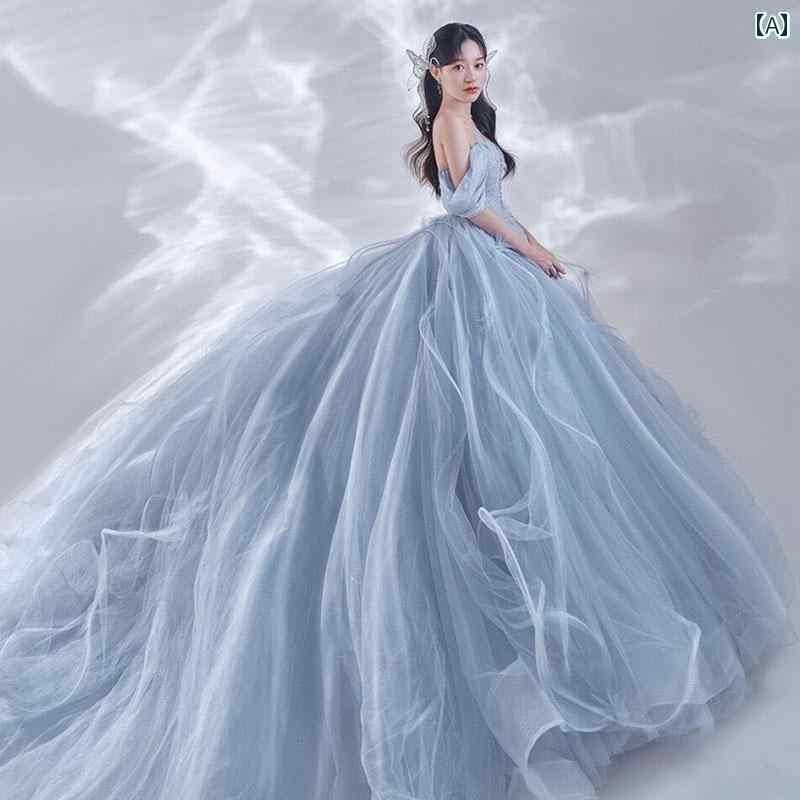 ドレス レディース 撮影 フォト 思い出 記念 ウェデング 結婚式 コスプレ アート スタジオ 屋内 儀式 感覚 メイン ガーゼ エスケープ プリンセス 結婚式 ブルー ガーゼ