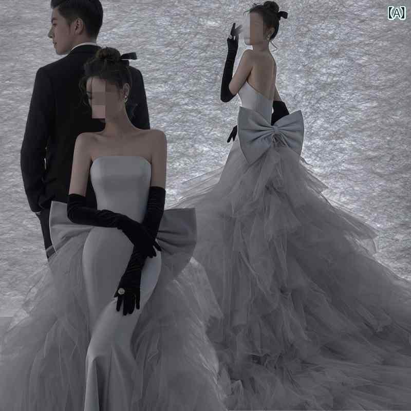 撮影 ドレス 写真 フォト 記念 コスプレ アート 思い出 衣装 カップル 屋内 カラフル ガーゼ グレー チューブ トップス フッシュテール ウェデング｜おうち健康生活