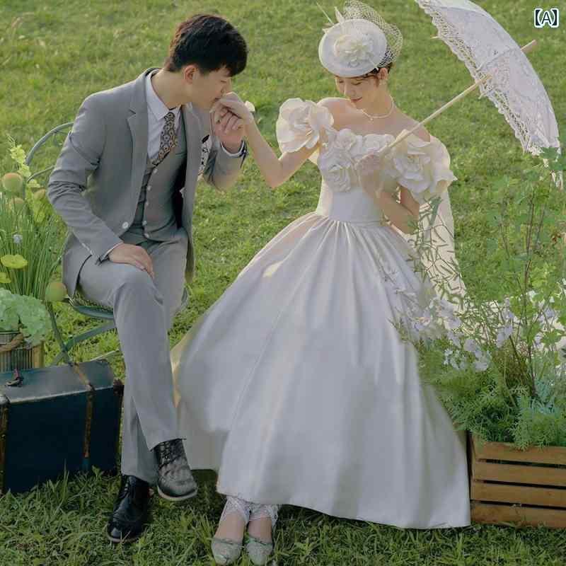 撮影 衣装 ドレス 写真 フォト イベント 思い出 コスプレ 服 カップル 屋外 旅行 シンプル サテン 花 レトロ ウェデング｜おうち健康生活
