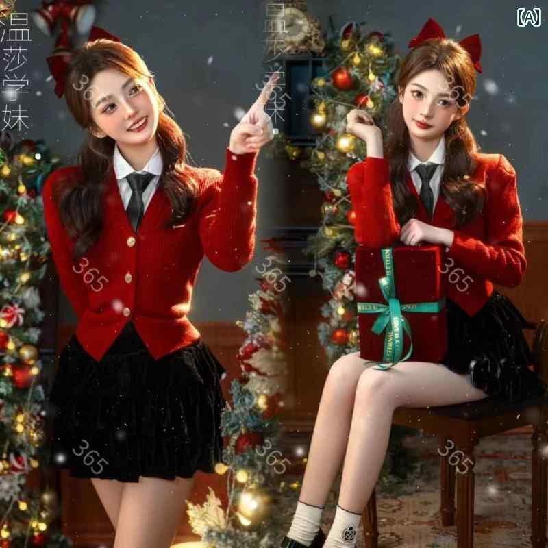 映画化 お召しもの 活動写真 写真絵 不死化 コスプレ 工芸 引き出物 クリスマス 服 冬 雪 景 御嬢さん 御嬢さん 赤 スウェーター ドレス-レディースファッション