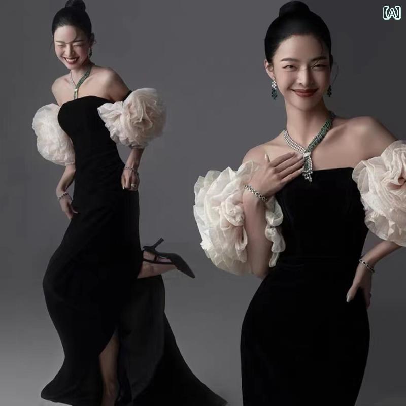 映画化 お召しもの 活動写真 写真絵 不死化 コスプレ 工芸 引き出物 二人組 レトロ 黒 起毛 フッシュテール ウェデング ドレス-レディースファッション