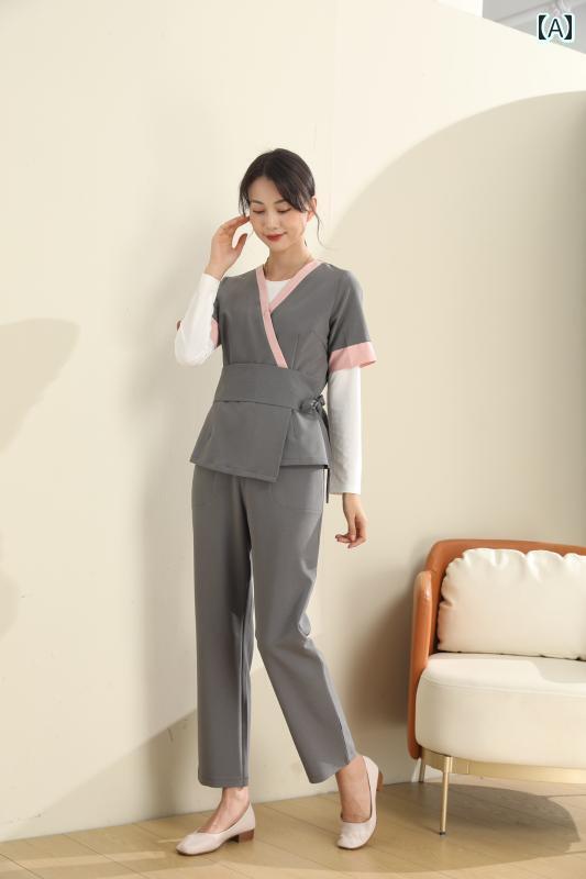 エステ ユニフォーム レディース 制服 サロン おしゃれ 美容院 クリニック 美容師 ヘッド セラピーショップ 技術者 グレー スリーブ スーツ 秋