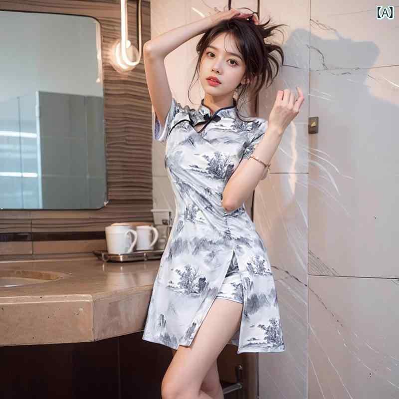 キャバ ドレス セクシー ミニスカート マッサージ セラピスト ユニフォーム 制服 スパ ヘルスクラブ レトロ チャイナ ペデキュア 服 夏 魅惑 ショーツ 2点 セット