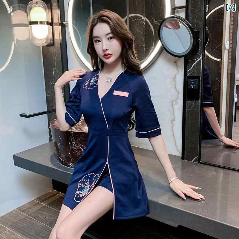 フットバス ペデキュア サウナ マッサージ ユニフォーム 秋冬 魅惑 v ネック パンツ スカート 美容院 レディース