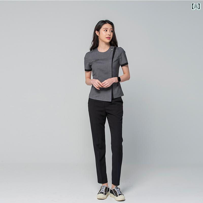 エステ ユニフォーム 制服 サロン スパ マッサージ リラクゼーション エステシャン セラピスト ビューテー 美容師 管理 ペデキュア オーバー オール 口腔 フロント 韓国 夏 レディース｜おうち健康生活