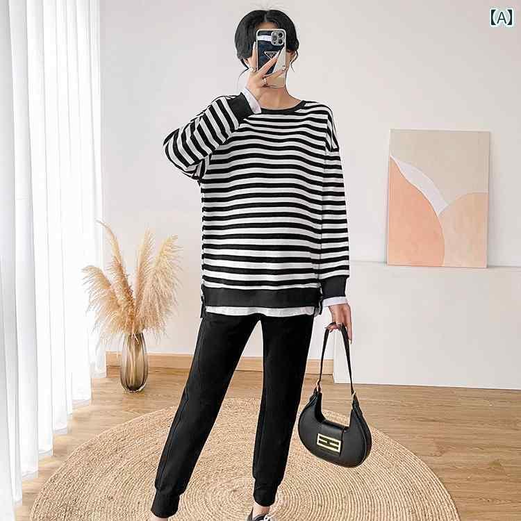 マタニティ トップスス 妊婦 秋 韓国 フェイク セットアップ レングス ストライプ 長袖 スウェットシャツ カジュアル スーツ