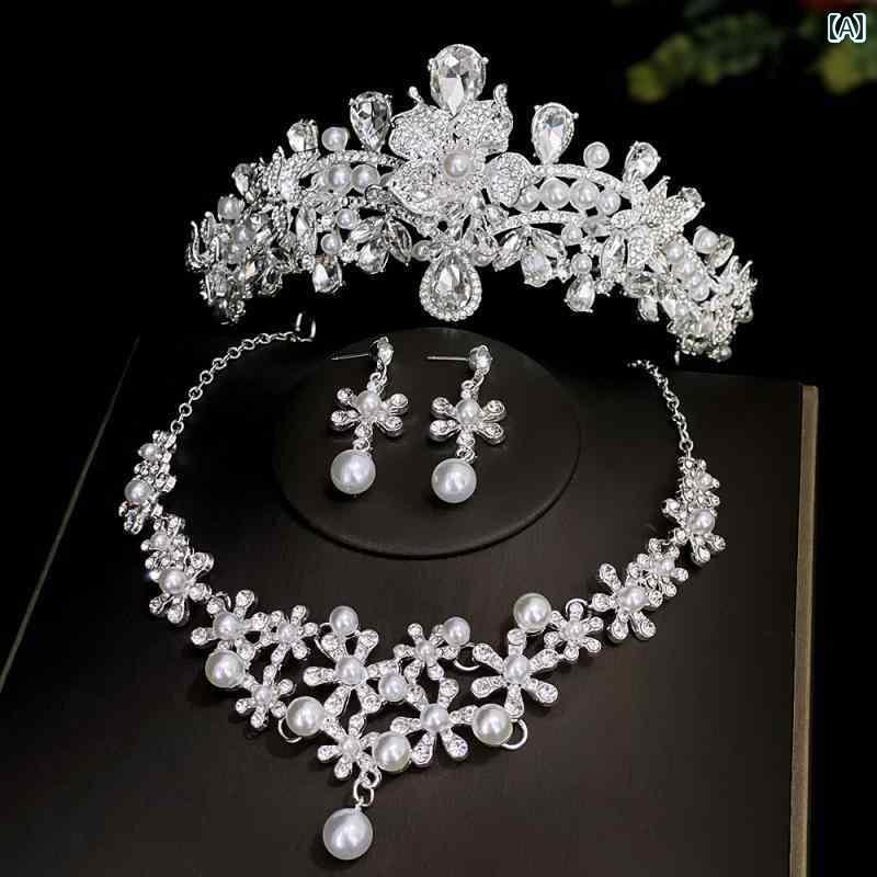 ブライダル アクセサリー 小物 ウェディング 結婚式 パーティー 婦 花嫁 舞台 小道具 コスプレ ティアラ 3点 ヘア ネックレス 韓国 写真撮影 クラウン イヤリング ジュエリー