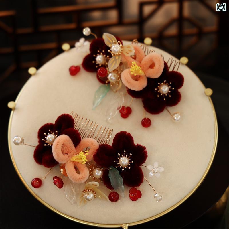 ブライダル アクセサリー 小物 ウェディング 結婚式 パーティー 婦 花嫁 舞台 小道具 コスプレ 赤 起毛 花 ヘア コーム 美しく スーパー フェアリー レトロ 漢服 おん ヘア 中国 帽子