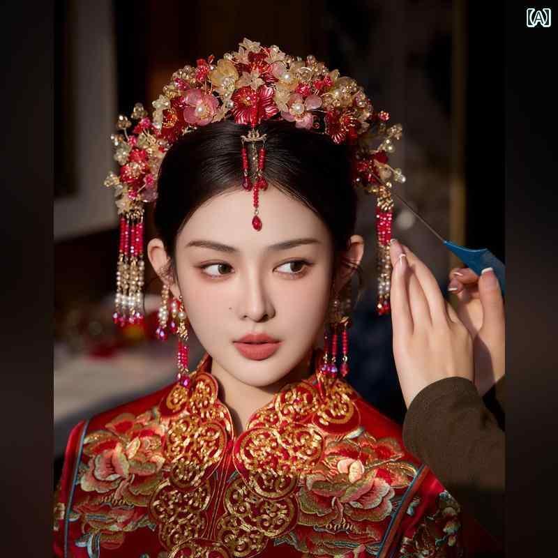 ブライダル アクセサリー 小物 ウェディング 結婚式 パーティー 婦 花嫁 舞台 小道具 コスプレ ヘッド ドレス チャイナ風 艶 花 鳳凰 王冠 レッド クラシック ドラゴン 鳳凰 ドレス ヘア