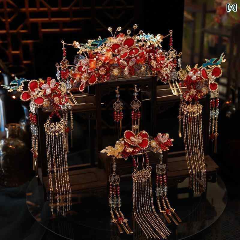 ブライダル アクセサリー 小物 ウェディング 結婚式 パーティー 婦 花嫁 舞台 小道具 コスプレ ヘッド ドレス チャイナ風 レッドフェニックス クラウン ブルー フェニックス フラワー タッセル レトロ 衣装 ヘア