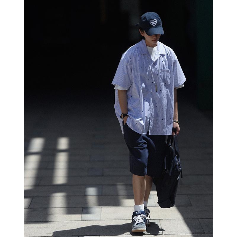 夏 スプラッシュ ストライプ キューバン カラー シルエット 半袖 シャツ カップル シャツ トップスス