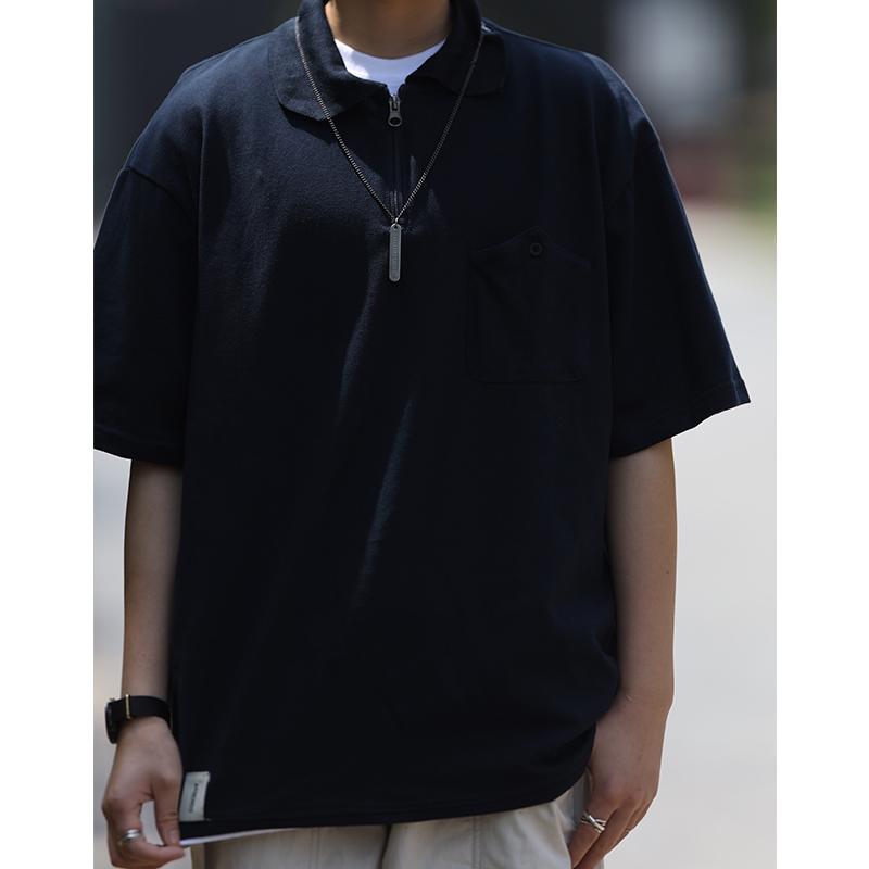 夏 無地 ポロシャツ ハーフ ジッパー シティィィィ ボーイ レトロ Tシャツ シルエット