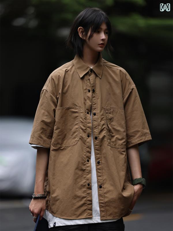 夏 無地 ワークウェア マルチ ポケット シャツ 半袖 Tシャツ