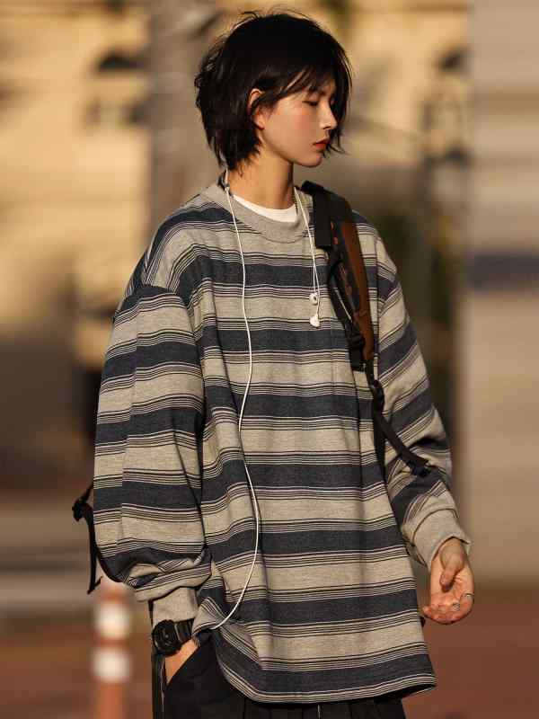 レトロ ストライプ スウェットシャツ ゆったり カジュアル 快適 快適 カップル レディース トップスス｜おうち健康生活