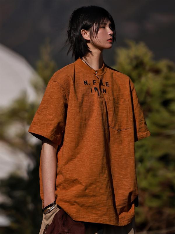 夏 ヘンリー カラー レトロ 快適 通気 竹 綿 半袖 カジュアル 半袖 Tシャツ