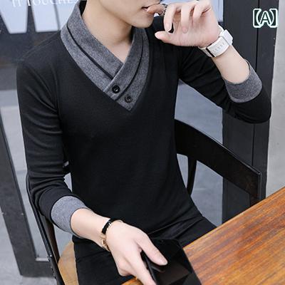 メンズ 春秋 Vネック インナーム シャツ 綿 長袖 Tシャツ ハーフ タートルネック カジュアル トップスス 黒 Tシャツ