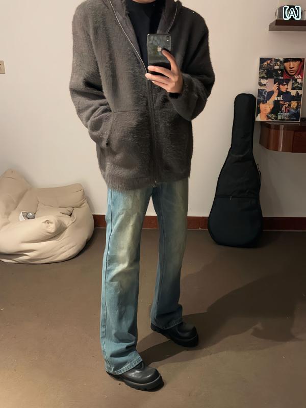 男の子 パンツ アメリカン ストリート レトロ ブルー ジーンズ ハイウエスト スリム フット ブーツ カット パンツ 着