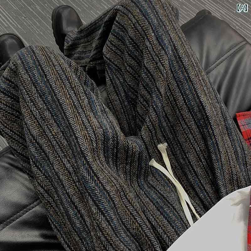 ブラック 縦 ストライプ ドレープ パンツ メンズ アメリカン レトロ プレミアム ストレート パンツ ウール ワイドレッグ カジュアル パンツ