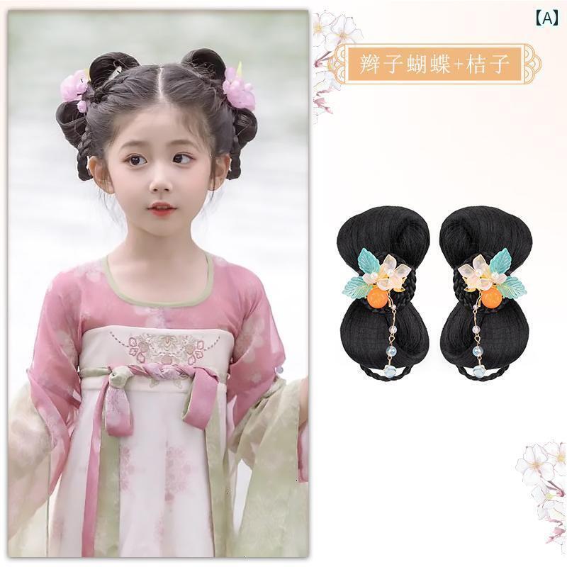 ウッグ レトロ つけ毛 かつら 舞台 小道具 パフォーマンス コスプレ 子供 漢服 オールインワン ヘア パッド 髪 頭飾り 衣装 リボン ヘア アクセサリー レディース