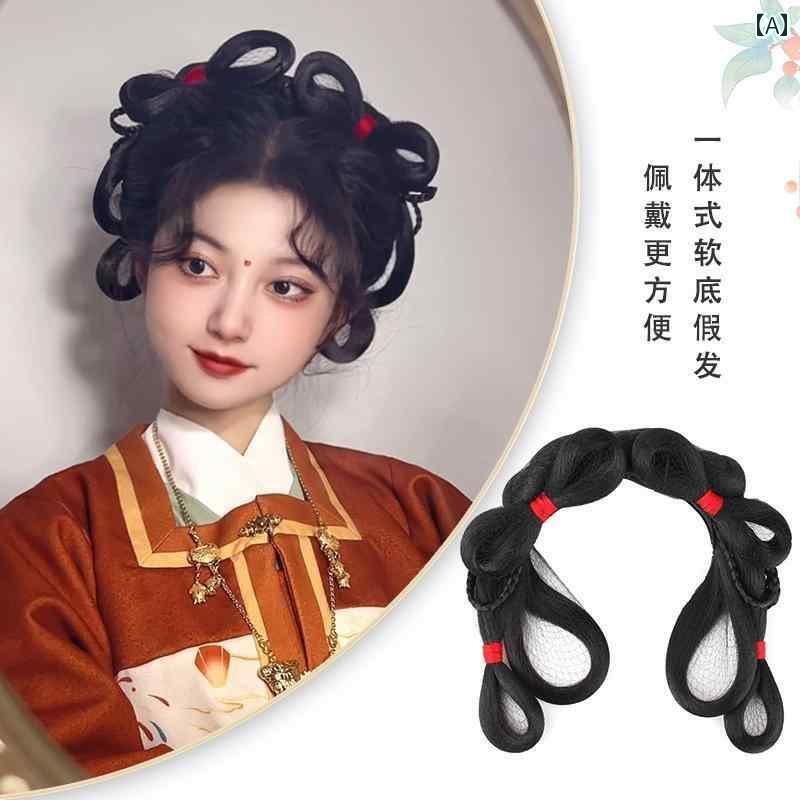 ウッグ レトロ つけ毛 かつら 舞台 小道具 パフォーマンス コスプレ 韓服 ワンピース パン 明朝 ヘア 帽子 衣装 ソフト ホーンパッド ヘア バッグ