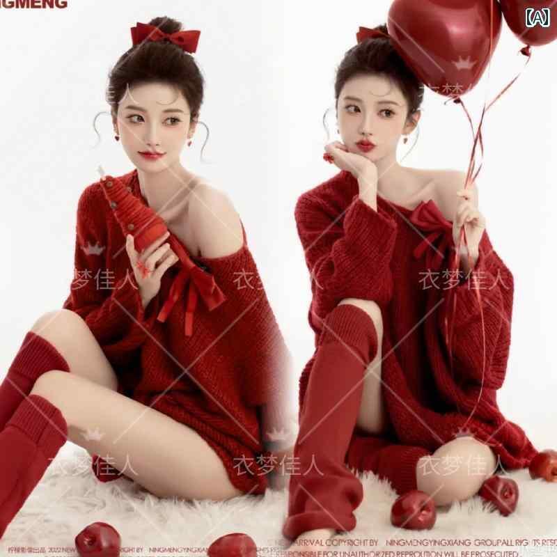 撮影 ドレス 写真 フォト 記念 コスプレ アート 思い出 スタジオ 秋冬 年 クリスマス 服 赤 セーター 女の子 女の子 女の子 アート 服