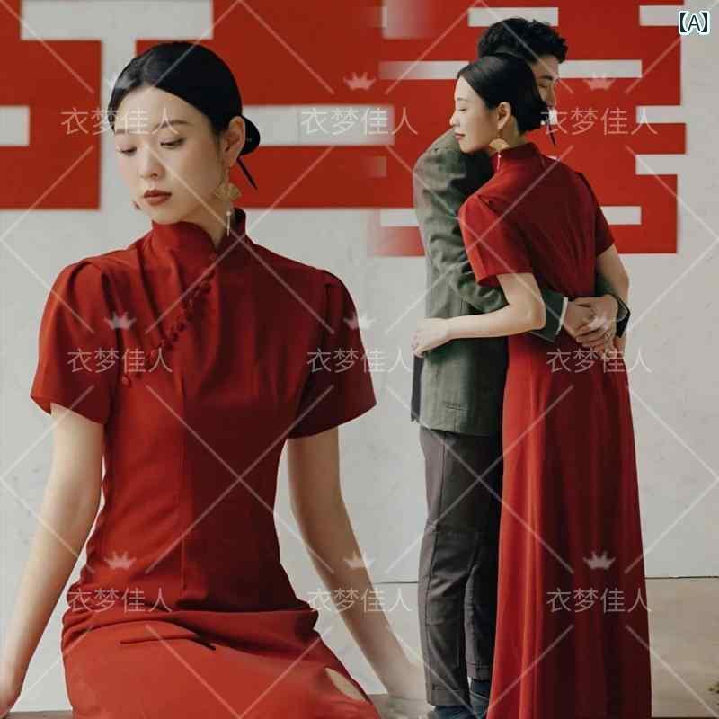 撮影 ドレス 写真 フォト 記念 コスプレ アート 思い出 スタジオ ドレス チャイナ風 カップル レトロ 赤お祝い チャイナ ドレス 80年代 ドレス