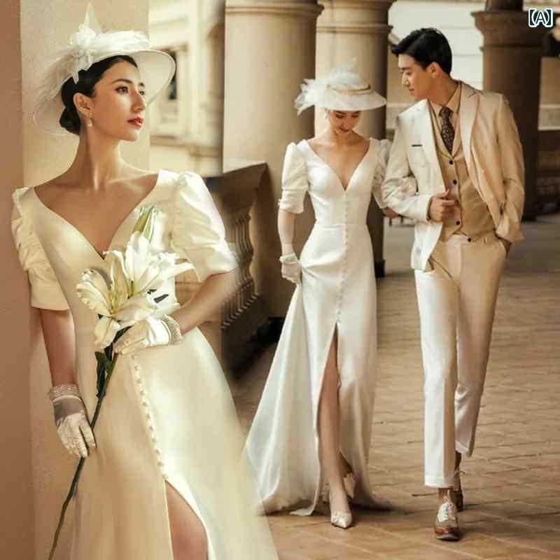 ウェデング フォト 撮影 ドレス 衣装 結婚式 思い出 アート フレンチ サテン カップル スタジオ 旅行 半袖 レトロ