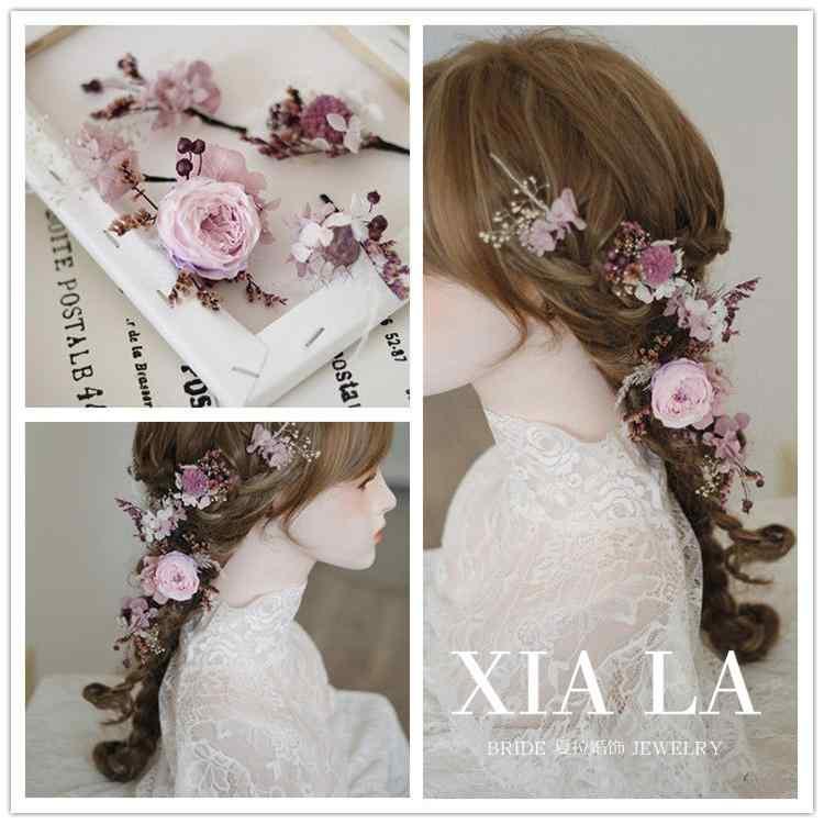 ブライダル ヘッドアクセサリー 結婚式 ウェディング パーティー 婦 花嫁 舞台 小道具 コスプレ フォレスト 夢 紫 永遠 花 バラ トラベル フォト フェアリー ヘッド フラワーセット