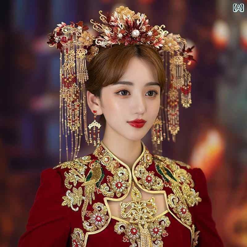 ブライダル ヘッドアクセサリー 結婚式 ウェディング パーティー 婦 花嫁 舞台 小道具 コスプレ 頭飾り シンプル エレガント 赤 チャイナ風 フェニックス クラウン レトロ 衣装 服 アクセサリー レディース