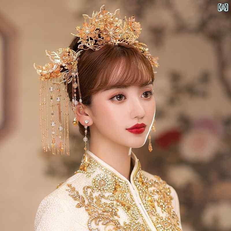 ブライダル ヘッドアクセサリー 結婚式 ウェディング パーティー 婦 花嫁 舞台 小道具 コスプレ 帽子 ゴールデン ステップ シェイク 中国 服 クラウン フェニックス 王冠 ヘア アクセサリー レディース