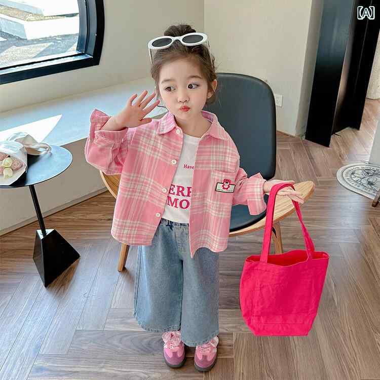 子供服 女の子 キッズ かわいい おしゃれ 少女 春秋 襟ピンク チェック イチゴ クマ シャツ 長袖 韓国