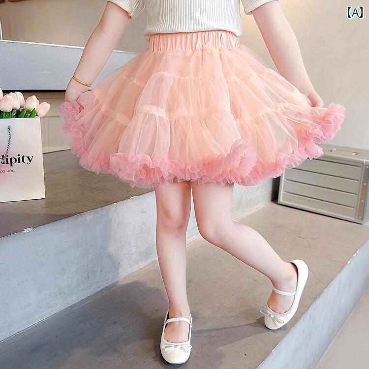 子供服 女の子 キッズ かわいい おしゃれ 少女 夏 ピンク 韓国 スカート ガーゼ スカート メッシュ ガーゼ スカート パフ スカート