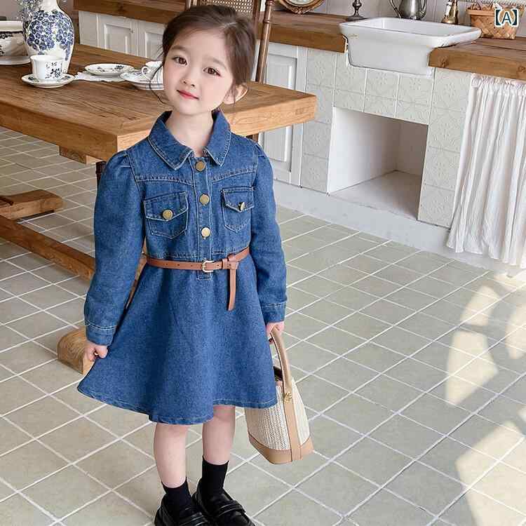 子供服 女の子 キッズ かわいい おしゃれ 少女 春 ダーク ブルー 長袖 ウエスト デニムスカート サイズ おしゃれ 韓国 5歳