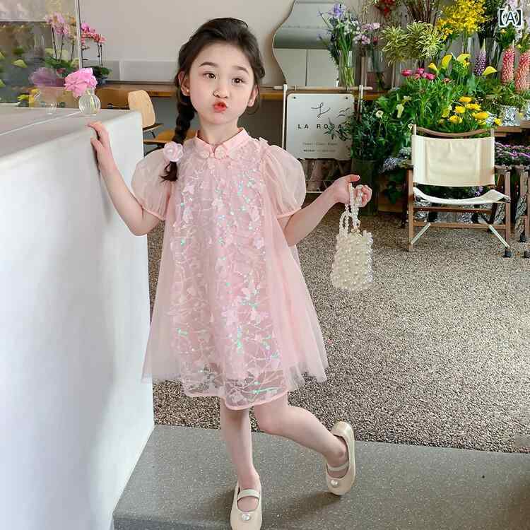 子供服 女の子 キッズ かわいい おしゃれ 少女 夏 チャイナ風 ピンク スタンドカラー 斜め プリンセス スパンコール キラキラ キラキラ キラキラ キラキラ 半袖 パフスリーブ チャイナ
