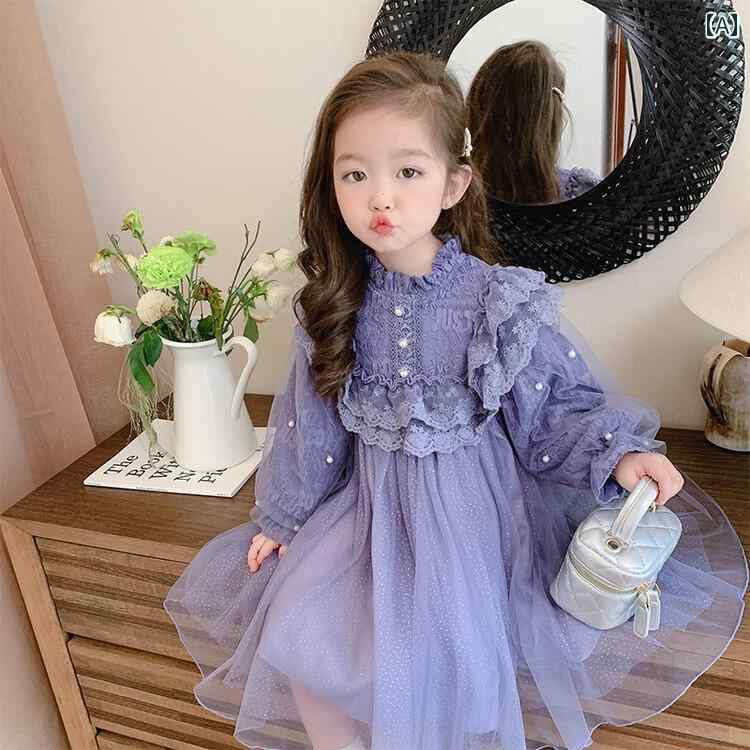 子供服 女の子 キッズ かわいい おしゃれ 少女 春 パールパープル 長袖 パフスリーブ レース メッシュ 誕生日 プリンセス