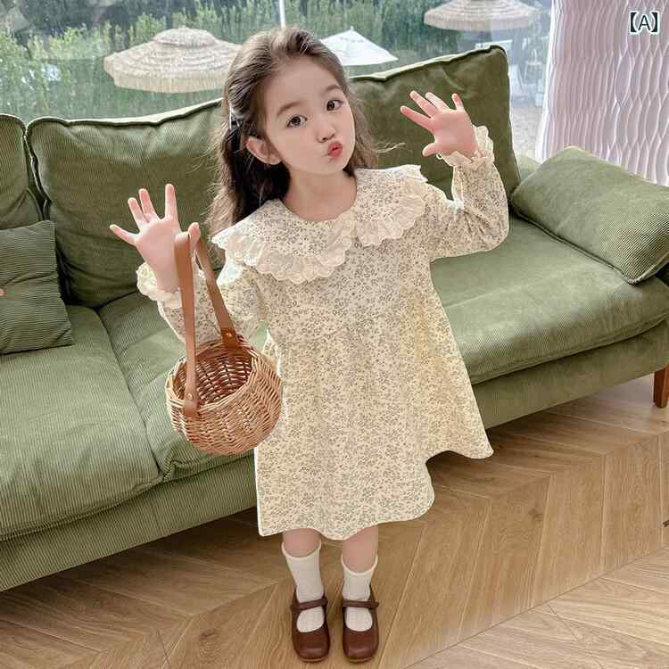 子供服 女の子 キッズ かわいい おしゃれ 少女 春秋 花柄 長袖 レース 人形 襟 3歳 aライン スカート
