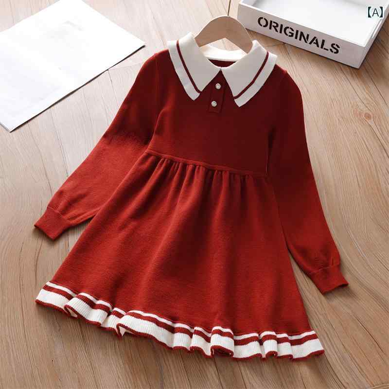 子供服 女の子 キッズ かわいい おしゃれ 少女 秋冬 赤 セーター ニット 中国 正月 カレッジ スカート