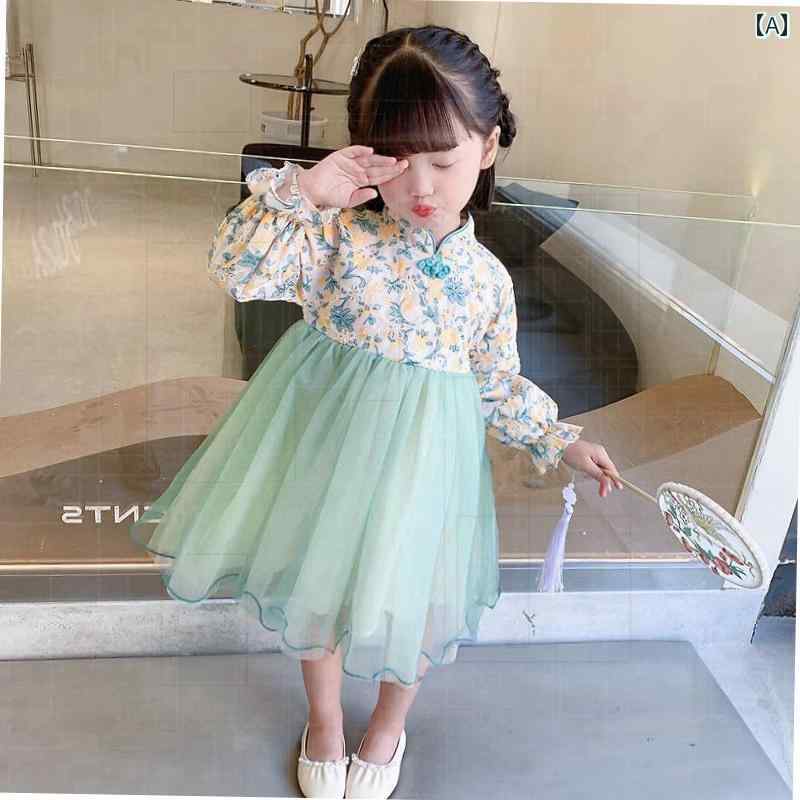 子供服 女の子 キッズ かわいい おしゃれ チャイナ 秋 韓国 花柄 春秋 チャイナ風 プリンセス スカート