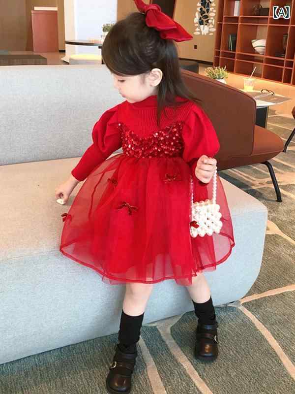 子供服 女の子 キッズ かわいい おしゃれ 長袖 秋 韓国 レッド ベビー プリンセス スカート
