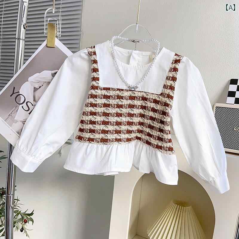 子供服 女の子 キッズ かわいい おしゃれ フレンチ フェイク セットアップ 長袖 シャツ 秋 韓国 赤ちゃん チェック プリンセス トップス