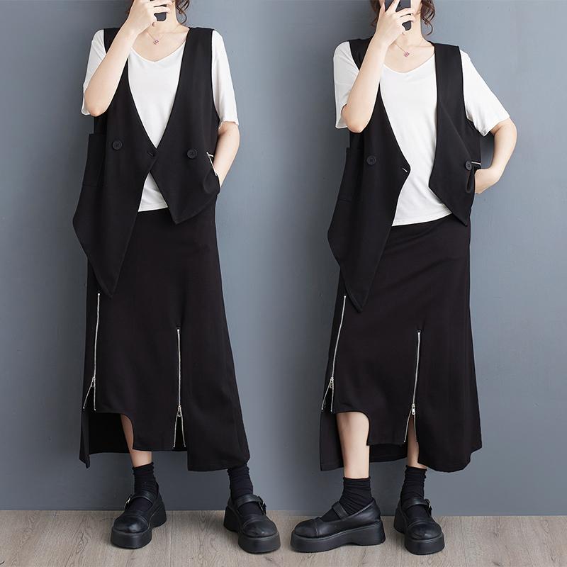 レディース ファッション おしゃれ 婦人服 夏 ジッパー ベスト トップス スカート 2点 セット